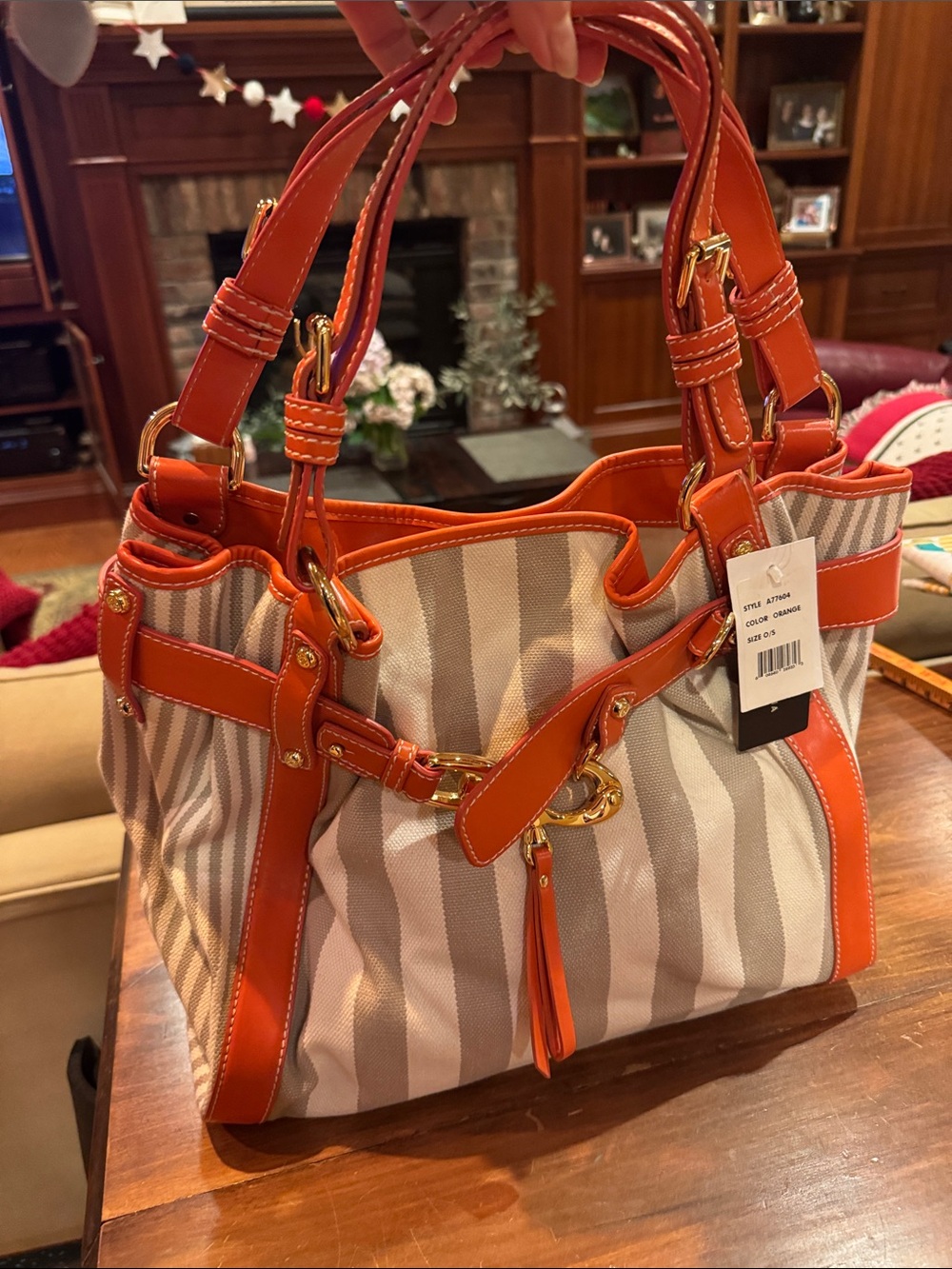 NWT Francesco Biasia Perfect Striped Canvas Leather Tote Bag Orange Luxury Italy - Picture 9 of 14